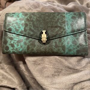 BVLGARI Serpenti Green Python Long Wallet Snake Head Clasp Exotic Leather